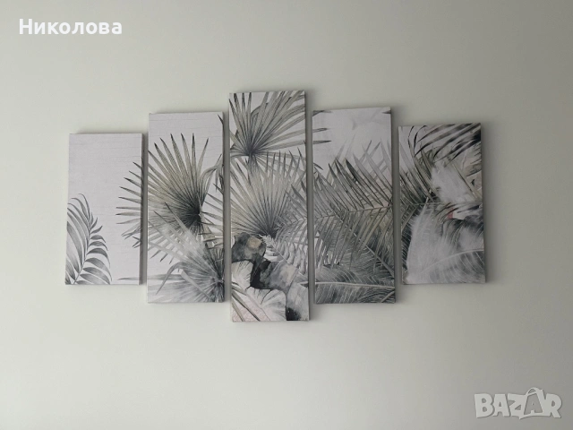 Картина пано от 5 части Тропически листа в зелено