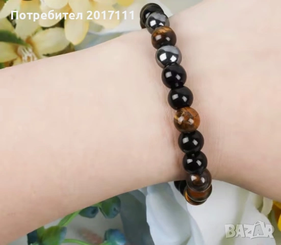 Унисекс гривна от тигрово око, черен оникс и хематит – гривна от естествени камъни за сила и баланс, снимка 2 - Гривни - 53840079