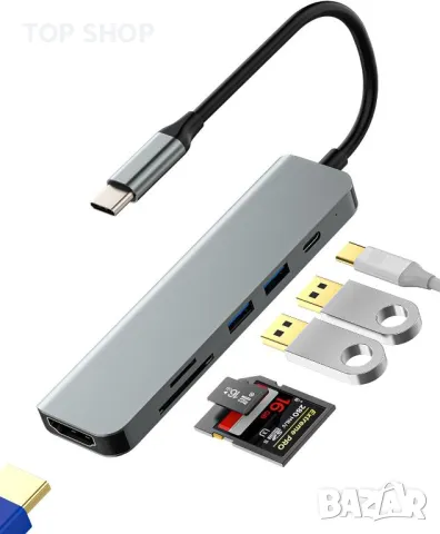 USB C хъб 6в1 USB HDMI TF SD четец на карти, снимка 1 - Кабели и адаптери - 49451966