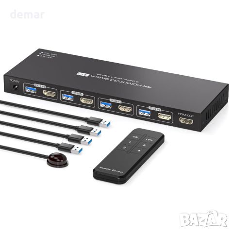 PVBCTCSID KVM HDMI суич 1 монитор - 4 компютъра 4K@60HZ, дистанционно, 4 USB порта, снимка 1 - Друга електроника - 46009501