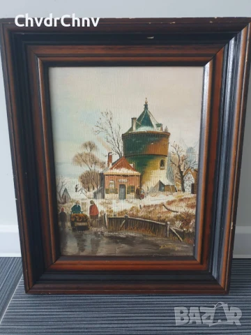 54х44см/малка картина масло върху платно/пейзаж/къщи-каменна кула-мелница/1986/дървена рамка