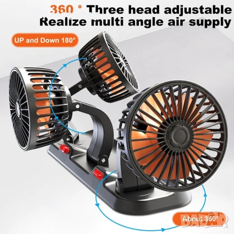 Вентилатор с 3 перки  12V за автомобили, бусове. Триглав 360° въртящ
