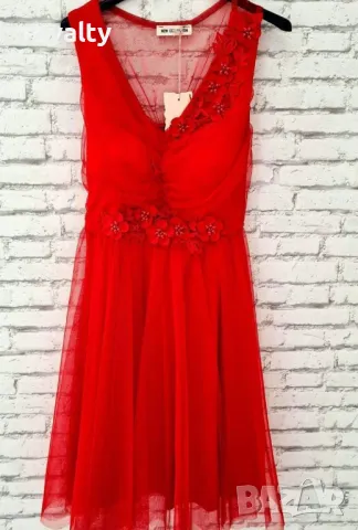 Рокля с тюл в цвят червен, снимка 2 - Рокли - 50414548