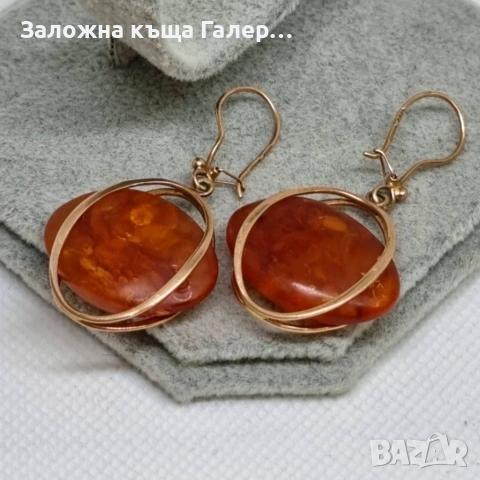 Винтидж златни обеци с кехлибар – съветско злато, проба 583, 7,41г, снимка 4 - Обеци - 54215707
