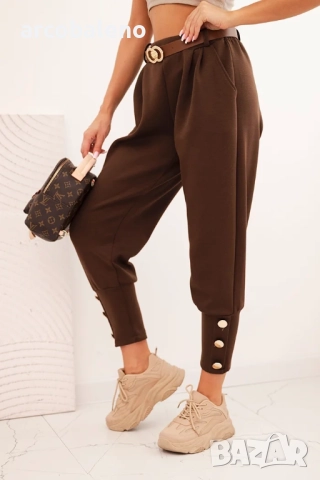 Дамски панталон butter с декоративни копчета и кафяв колан, снимка 2 - Панталони - 51683266