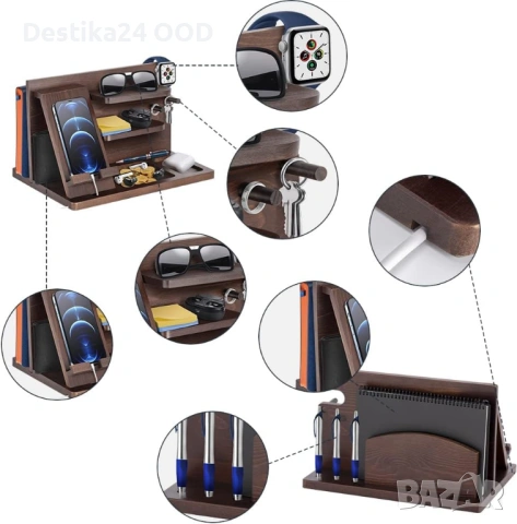 Дървена поставка органайзер за телефон, часовник и портфейл, снимка 7 - Декорация за дома - 53708956