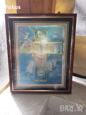 Стара домашна икона хромолитография с рамка кръст религия, снимка 2 - Антикварни и старинни предмети - 53417847