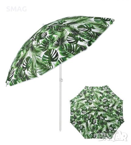 Плажен чадър с капак, зелени тропически листа, 2 пръстена, метална рамка - 2 м, снимка 1 - Други - 46292670