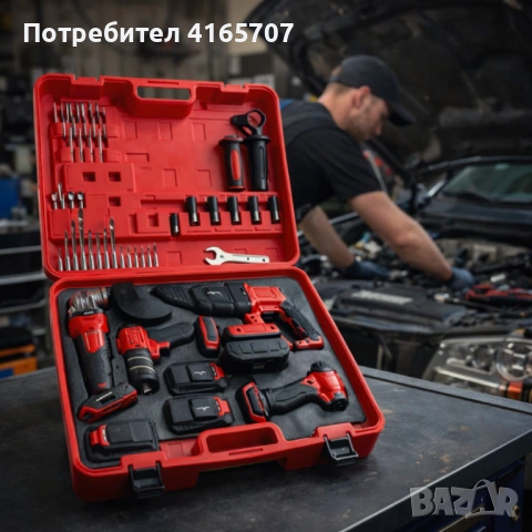 Комплект 4 в 1 акумулаторен перфоратор, гайковерт, винтоверт и ъглошлайф 36V 8A
