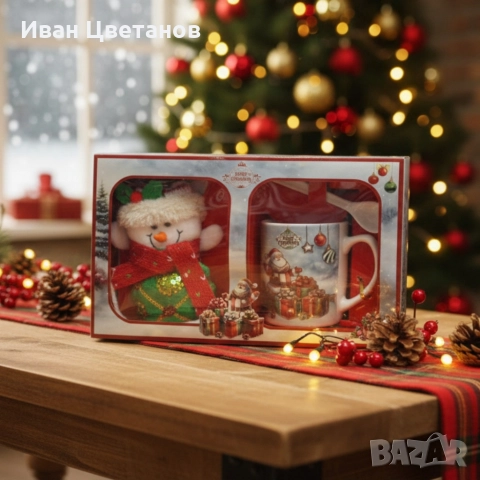 Празничен подаръчен комплект с чаша, лъжичка и снежен човек – готов за подаряване