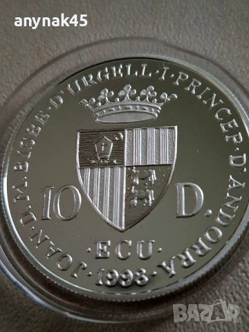 Сребро 10 динера 1998г. Андора, снимка 4 - Нумизматика и бонистика - 53906199