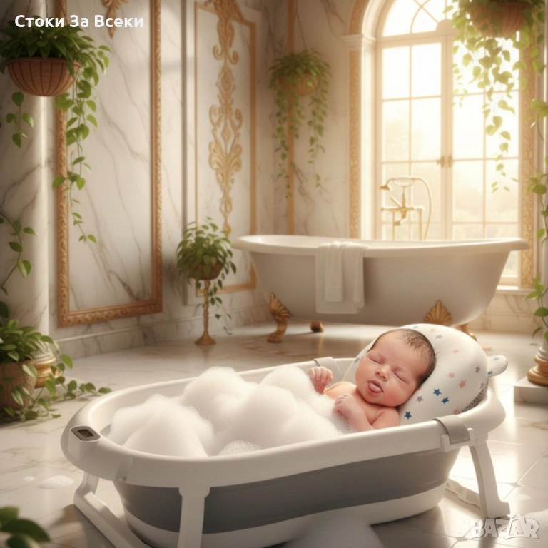 Сгъваема бебешка вана с термометър и мека възглавница, снимка 1