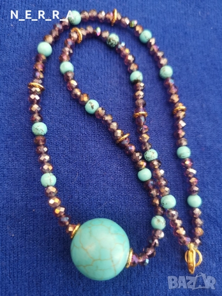 Колие от естествен тюркоаз и кристали, снимка 1