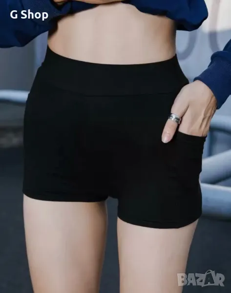 Късо спортно бюстие панталонки с джобче къс потник топ черно, снимка 1
