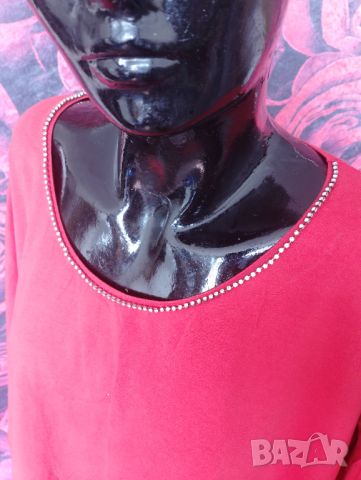 Ярко червена туника блуза с 3-4 ръкав и декорация камъчета около шията 3ХЛ , снимка 3 - Туники - 46404472