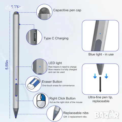 Microsoft Surface Pen - Стилус писалка с отхвърляне на дланта, презареждаема, натиск 4096, снимка 2 - Друга електроника - 48426173