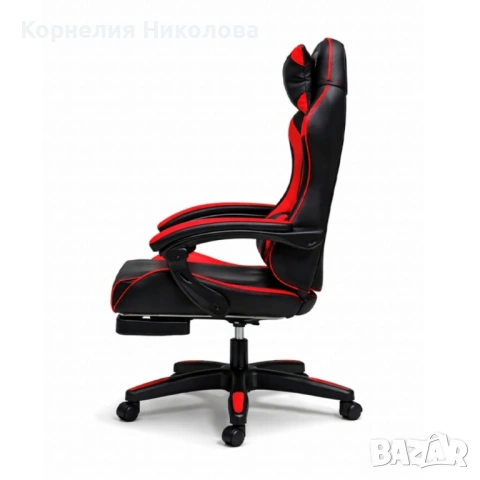 Удобен геймърски стол с поставка за крака и масажна лумбална възглавница, Черно-червен, снимка 6 - Столове за офис - 54183364