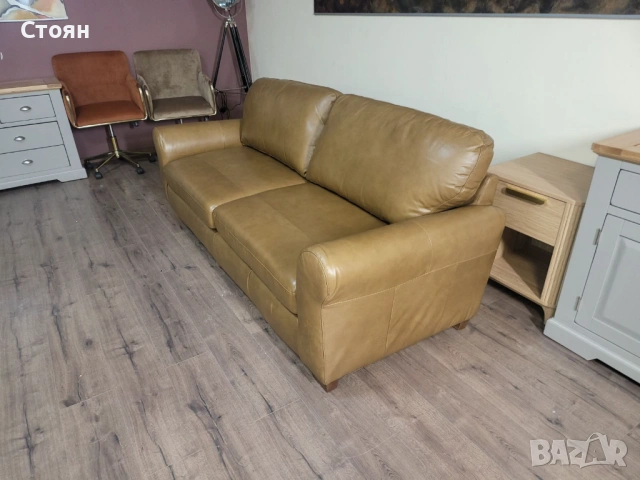 Светло кафяв кожен диван четворка, снимка 11 - Дивани и мека мебел - 53721125