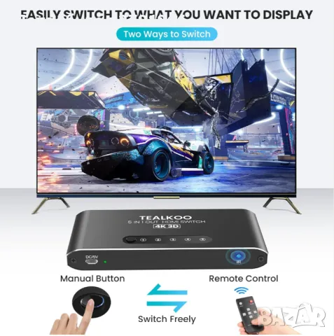 Алуминиев HDMI превключвател 5 входа 1 изход с дистанционно управление, поддържа 4K 3D 1080p UHD HDR, снимка 3 - Плейъри, домашно кино, прожектори - 50259486