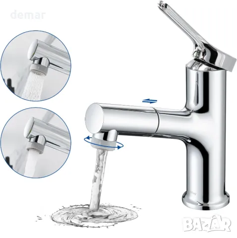 Смесител за мивка LakeBay с издърпващ се връх, моноблок с един отвор и единичен лост, маркучи G 1/2", снимка 2 - Смесители - 49333696