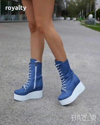 Боти на платформа - деним с бяло ходило , снимка 2 - Дамски елегантни обувки - 51847292