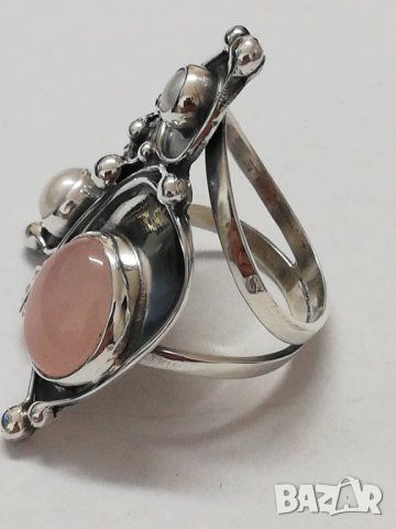 Нов сребърен пръстен с розов кварц и естествени перли, снимка 2 - Пръстени - 45764236