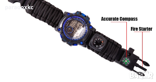 Тактически 7-в-1 Survival Часовник – Водоустойчив до 50 м с Паракорд Гривна, Компас и Кремък, снимка 6 - Мъжки - 52369150