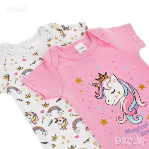 Бебешко памучно боди с къс ръкав, розов еднорог, бели еднорози, дъги - 2 бр. S_1233542, снимка 2 - Бодита за бебе - 49893941