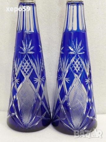  Прекрасни кристални бутилки за ликьор със сребърни гривни''Бохемия кристал-1900 год.сребро 800, снимка 7 - Сервизи - 52815053