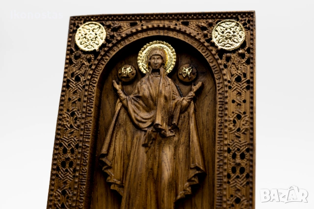 Позлатена релефна икона на Пресветата Майка Богородица, дъб, снимка 7 - Икони - 53223529