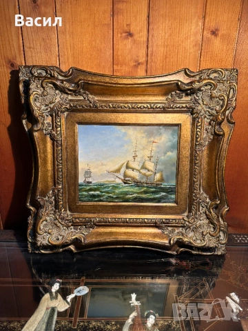 Картина масло с кораб и изящна рамка 