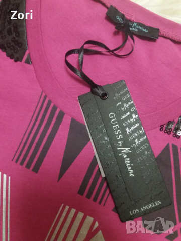 ОРИГИНАЛНА цикламена тениска със сребриста щампа и надпис от черни пайети , снимка 3 - Тениски - 45074015