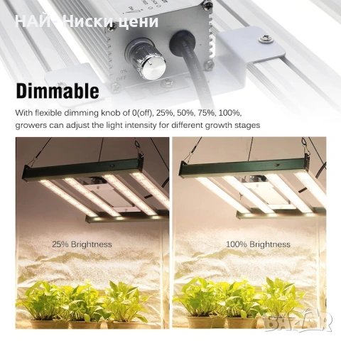 LED лампа за растеж на растения, 120W, регулируемо управление, пълен спектър, IP65, алуминий
