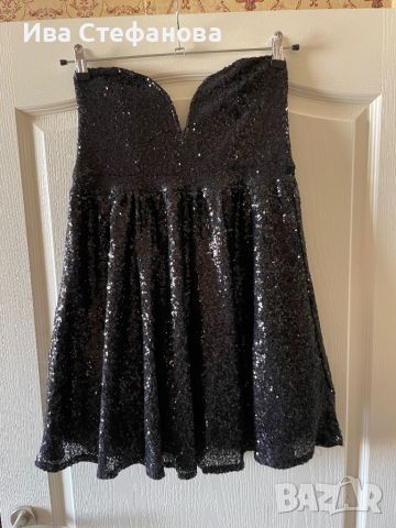 Нова висока талия парти коктейлна официална черна рокля пайети широк лежерен модел тип бюстие , снимка 4 - Рокли - 46483567