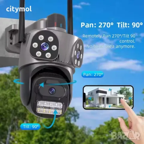 10 Mpx WiFi безжична IP камера с 3 обектива,  нощно виждане, 360°, iCSee, микрофон, проследяване, SD, снимка 2 - IP камери - 49461973