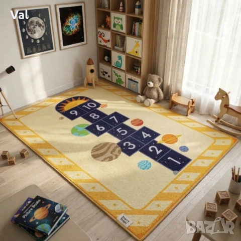 Детски килим за игра 120х160см - Жълт килим с планети и дама, противоплъзгащ и миещ се, снимка 5 - Килими - 53932136