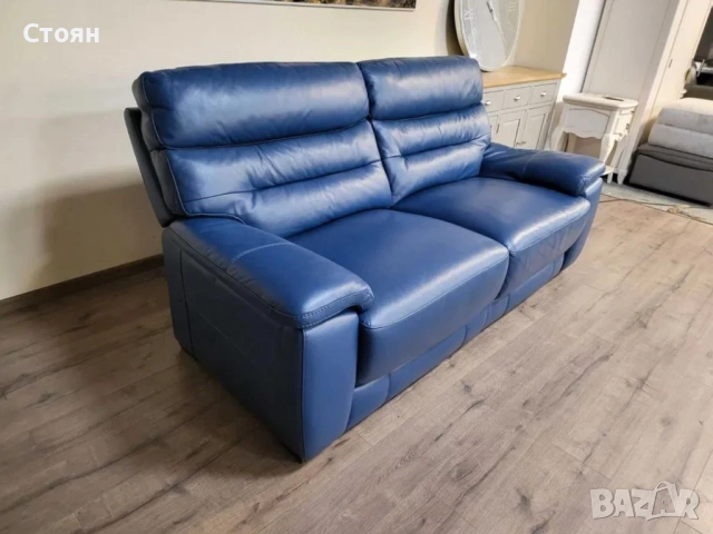 Син кожен диван тройка - 100 % естествена кожа, снимка 6 - Дивани и мека мебел - 51954792