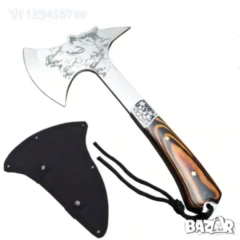Руска компактна брадвичка с гравиран вълк Кемпинг Топор ст 65х13, снимка 3 - Ножове - 52777064