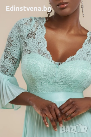 Дамска ментово зелена официална дълга рокля с дантела и плисе, снимка 3 - Рокли - 52391788