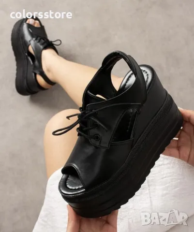 Сандали на платформа - черна кожа - SJN88, снимка 2 - Сандали - 49820214