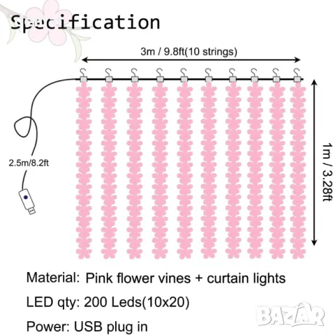GUOCHENG Cherry Blossom Curtain Lights, 10 х 1 м висящи гирлянди, дистанционно, USB, розови, снимка 4 - Декорация за дома - 48442750