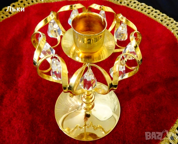Позлатен свещник с кристали Lycenta,Sweden. , снимка 4 - Антикварни и старинни предмети - 52900360