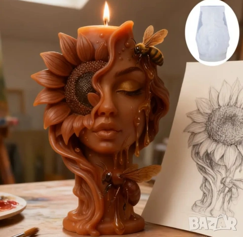 Жена с пчели и слънчоглед , снимка 6 - Форми - 53412781