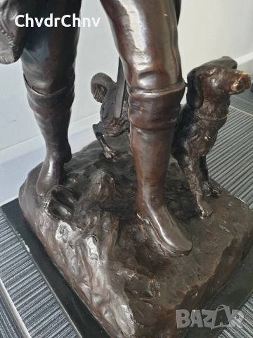 65см-12кг статуетка/стара английска бронзова скулптура/голяма фигура на ловец с куче, снимка 9 - Статуетки - 52755927