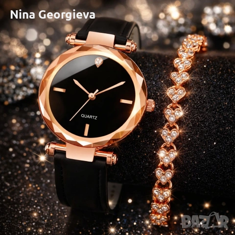 Елегантен дамски комплект часовник и гривна с розово злато, снимка 2 - Бижутерийни комплекти - 53851402