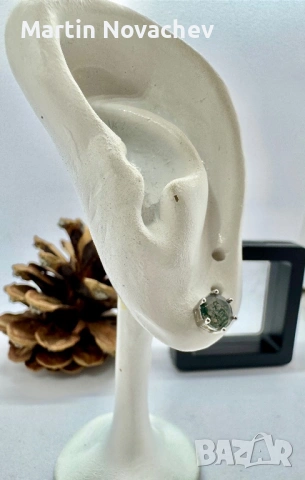 Сребърни обеци с естествен мъхов ахат 1.5 карата, снимка 9 - Обеци - 54090572