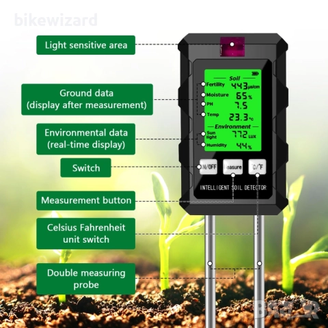 6-в-1 тестер за почва, pH метър, плодородие, температура, светлина, влажност – градина НОВ, снимка 5 - Градинска техника - 52642386