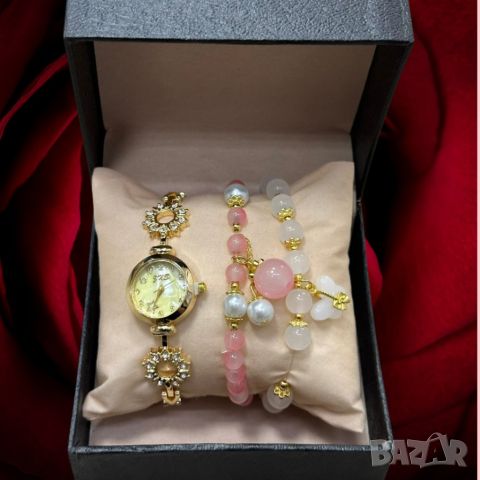 Луксозен дамски комплект часовник с камъни цирконии и 2 броя гривни с естествени камъни в бяло и роз, снимка 1 - Дамски - 45761825