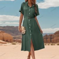 Нов стил, едноредна зелена рокля с ревер, снимка 4 - Рокли - 45198163