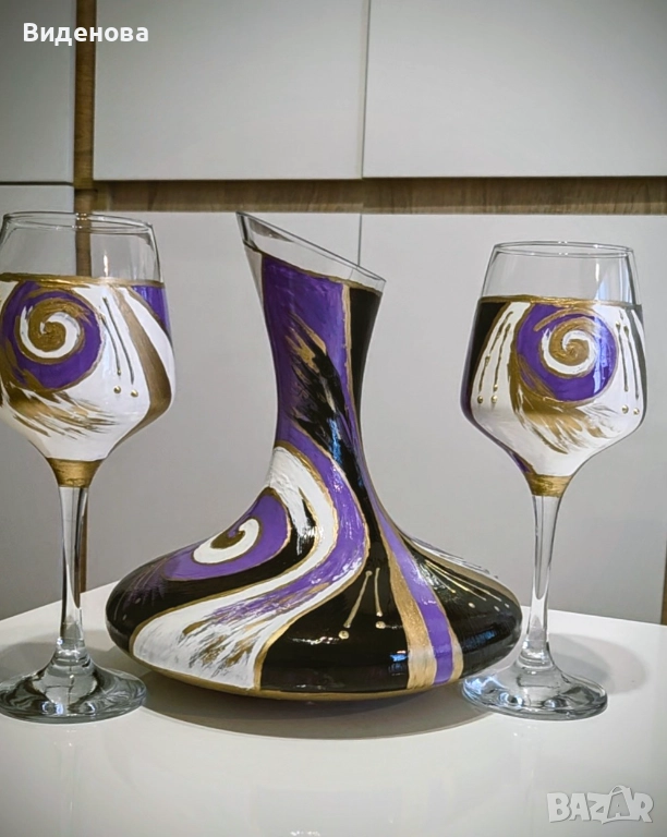 Ръчно рисуван комплект гарафа и чаши, снимка 1